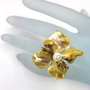 Yellow Genuine Pearl Bead Ring Asymmetric Flower Adjustable Band Ring